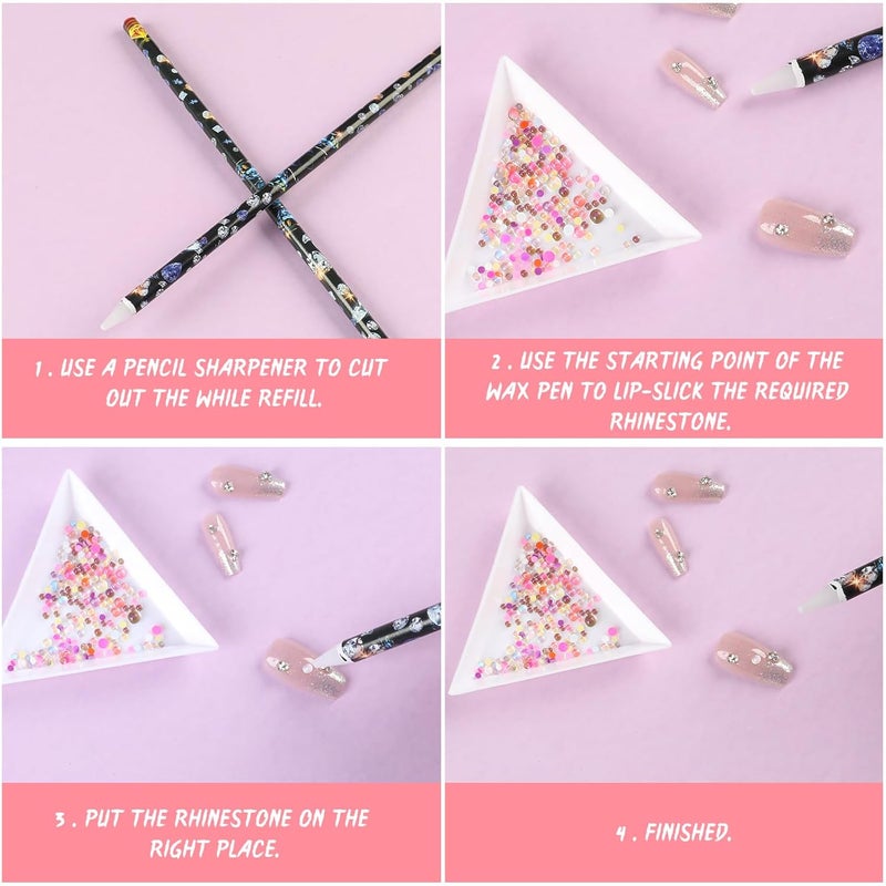 BOMOQING 10 Pencil for Rhinestones Pick up,Wax Rhinestone Picker Tool Pencil Nail Dotting Applicator White Bead Sorting Tray Triangular Plate 1 Pencil Sharpener, 1 Tweezers for Nail Art DIY - Image 3